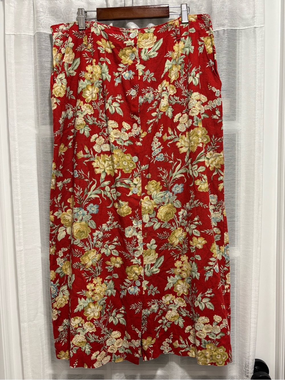 Orvis 55% Linen Floral Button-Front Midi Skirt Size 14 Buttons Pencil Straight